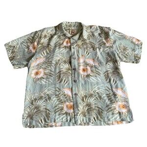 Joe Marlin Mens Hawaiian Shirt XL Green Hibiscus Floral Short Sleeve Button Up